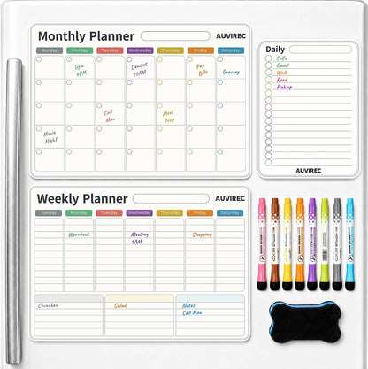 Magnetic Calendar for Refrigerator, Fridge Calendar 3-Pack | Monthly Weekly Daily Dry Erase Calendar Planner Set with Nano-Tech Surface, 17"x12" Magnetic Whiteboard, 8 Markers & Eraser