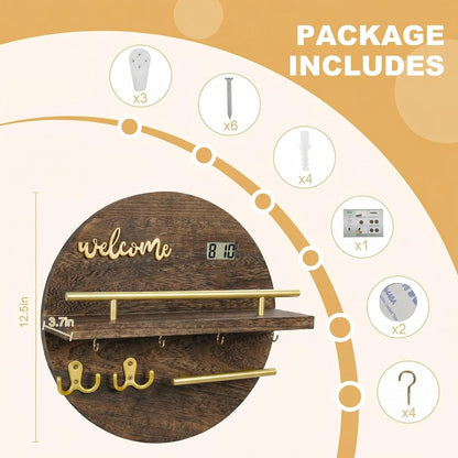 Key Holder for Wall, Key and Mail Holder Organizer with - Key Holder Wall Mount - Round Wooden Rustic Home Decor for Entryway, Mudroom, Hallway, Kitchen Office (Black)