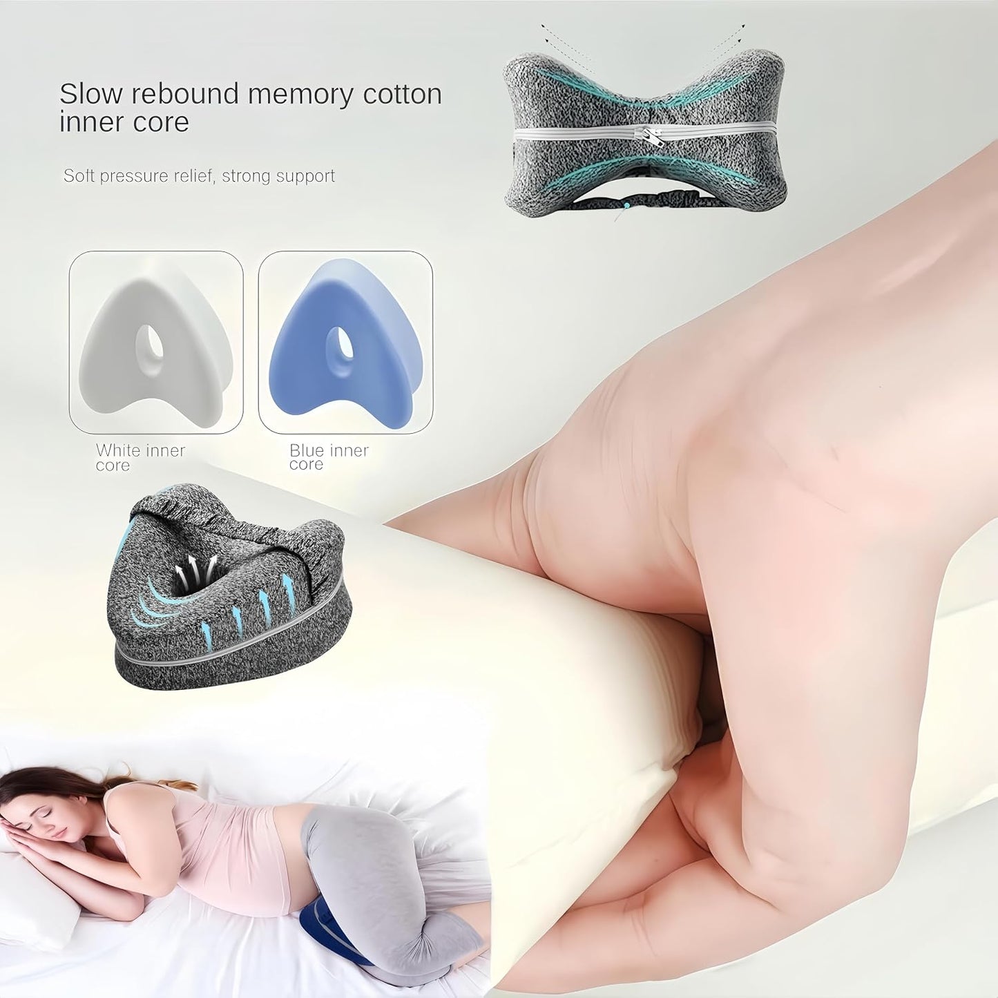 Memory Foam Knee Pillow for Side Sleepers,Hip & Spine Support,Grey | Ergonomic contour,adjustable elastic strap,breathable cover,durable memory foam,versatile for bed,sofa,office,travel