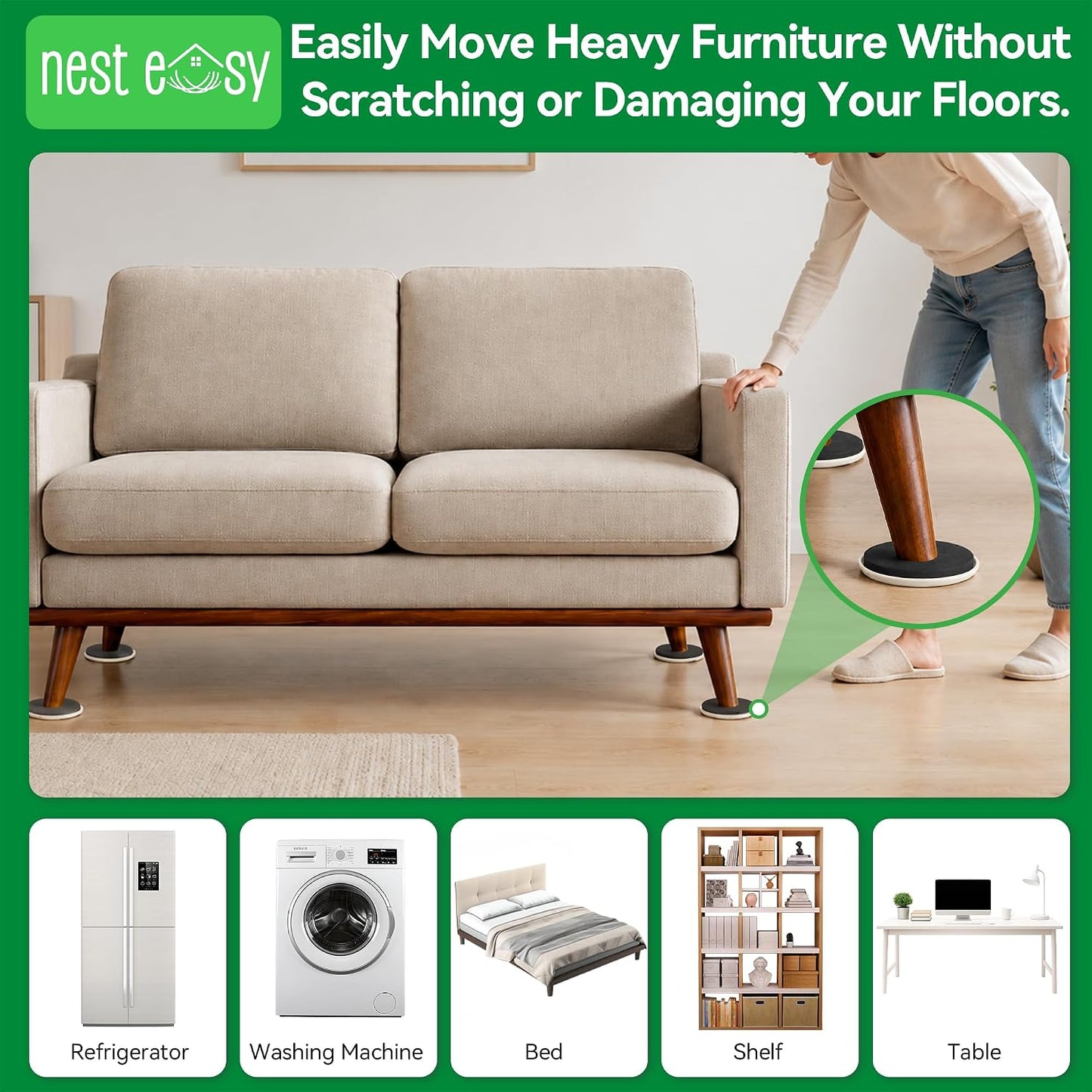 Furniture Lifter Tool 8-Pack of 3.5" Sliders, Save 80% Effort | Complete Moving Kit with Cushioned Pad - Effortlessly Moves Sofas, Couches & Appliances on Carpet or Hardwood Floors Safely