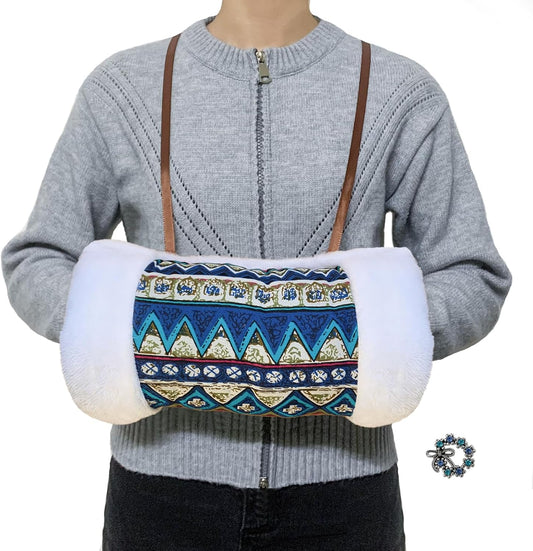 Faux Fur Hand Muffs for Women Girls, Soft Plush Vintage Pattern Hand Warmer Pouch with Neck Cord, Warm Hand Muffler for Cold Weather