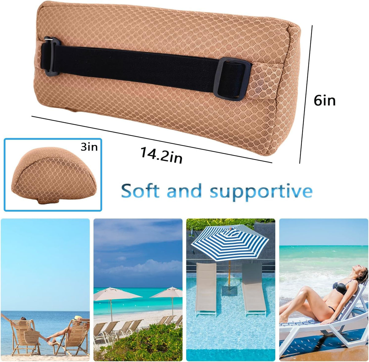 1 Pack Headrest Pillow for Patio Chaise Lounge,Recliner,Beach Chair,Gray | Resilient 3D mesh pillow with removable washable cover, adjustable elastic strap, ergonomic support, lightweight portable
