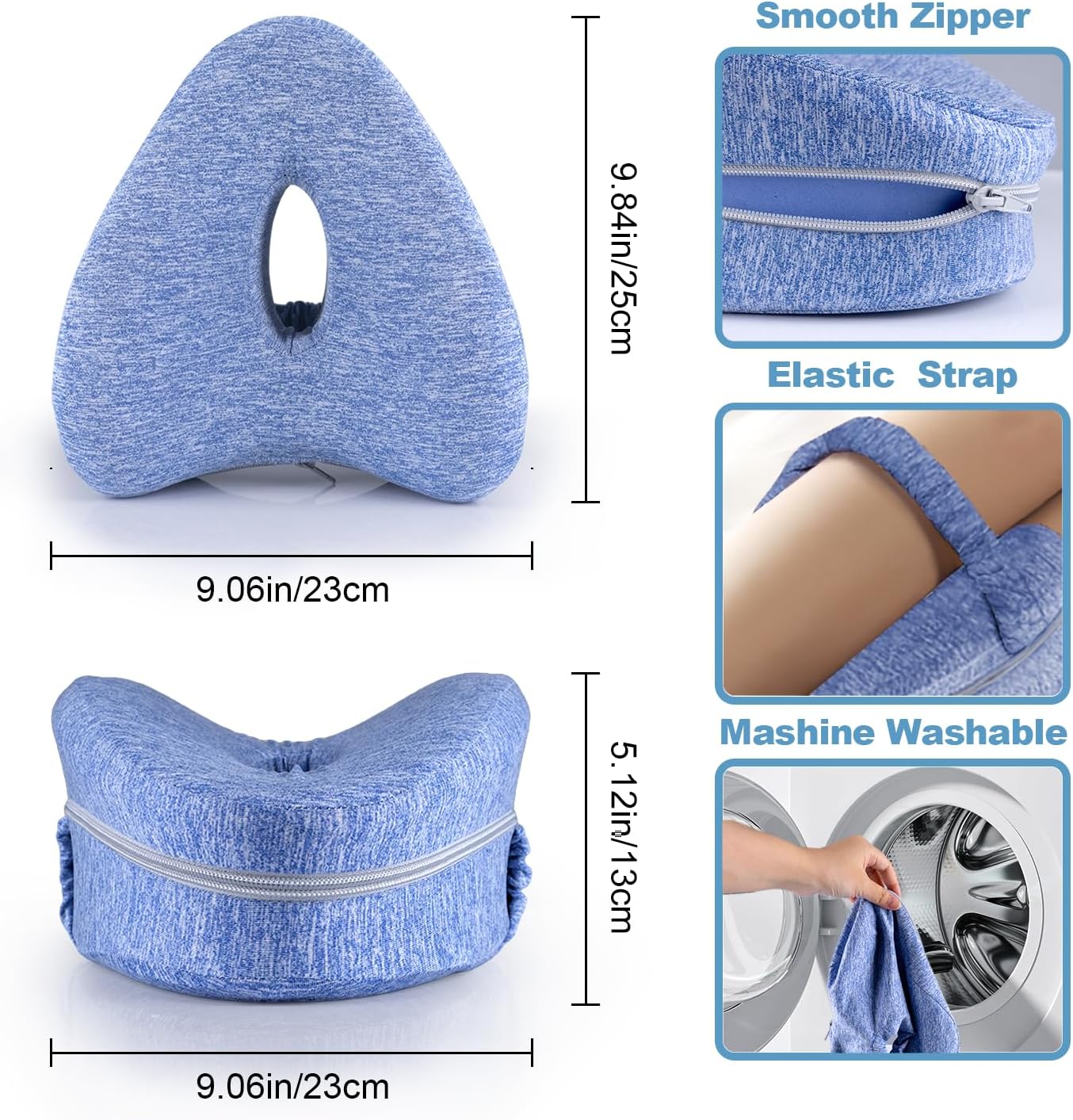 Knee Pillow for Side Sleepers, Leg Pillow for Sleeping, Knee Pillow with Strap, Alignment Pillow Between Legs, Suitable for Relieving Leg, Back & Knee Pain, Machine Washable (Blue)
