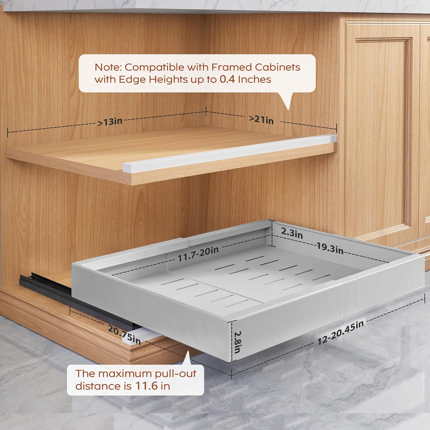 Seinloes 2 Pack Pull Out Cabinet Organizers 21"Deep with Raising Pad for Framed Cabinets,Expandable Slide Out Drawers Upgrade 3 Slide Rails,Roll Out Shelves Adhesive,Adjustable Width 12"-20.45" White