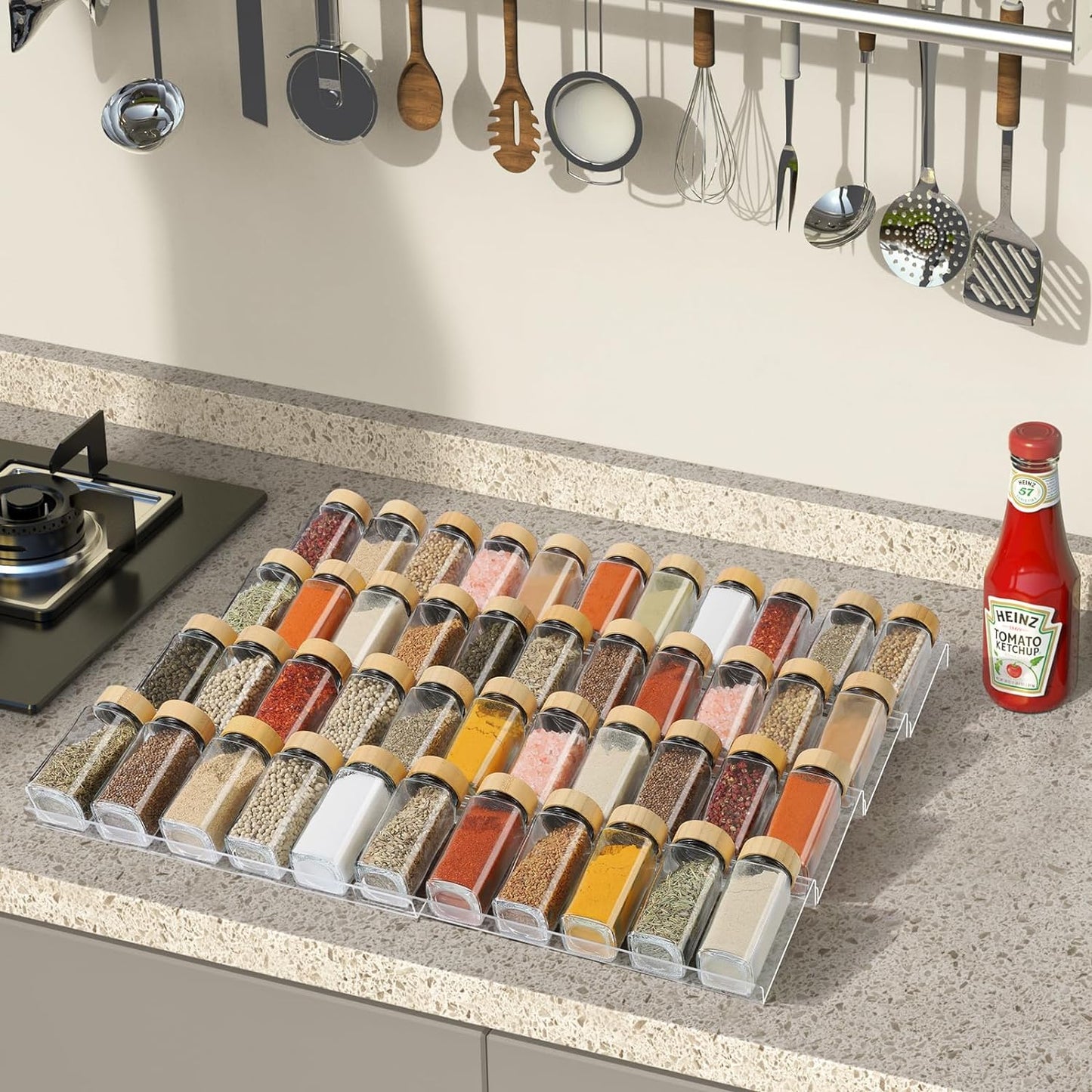 Spice Drawer Organizer 4 Tier, Acrylic Seasoning Organizer Rack, Large | Clear Spice Rack Tray, Kitchen Seasoning Jars Drawers Insert (Jars Not Included/ Expandable From 13" to 26")