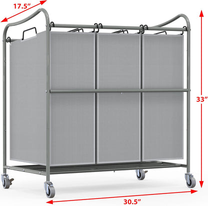 Simple Houseware Heavy Duty 3-Bag Laundry Sorter Rolling Cart, Dark Grey | Removable Bags and Lockable Wheels for Laundry Room Organization
