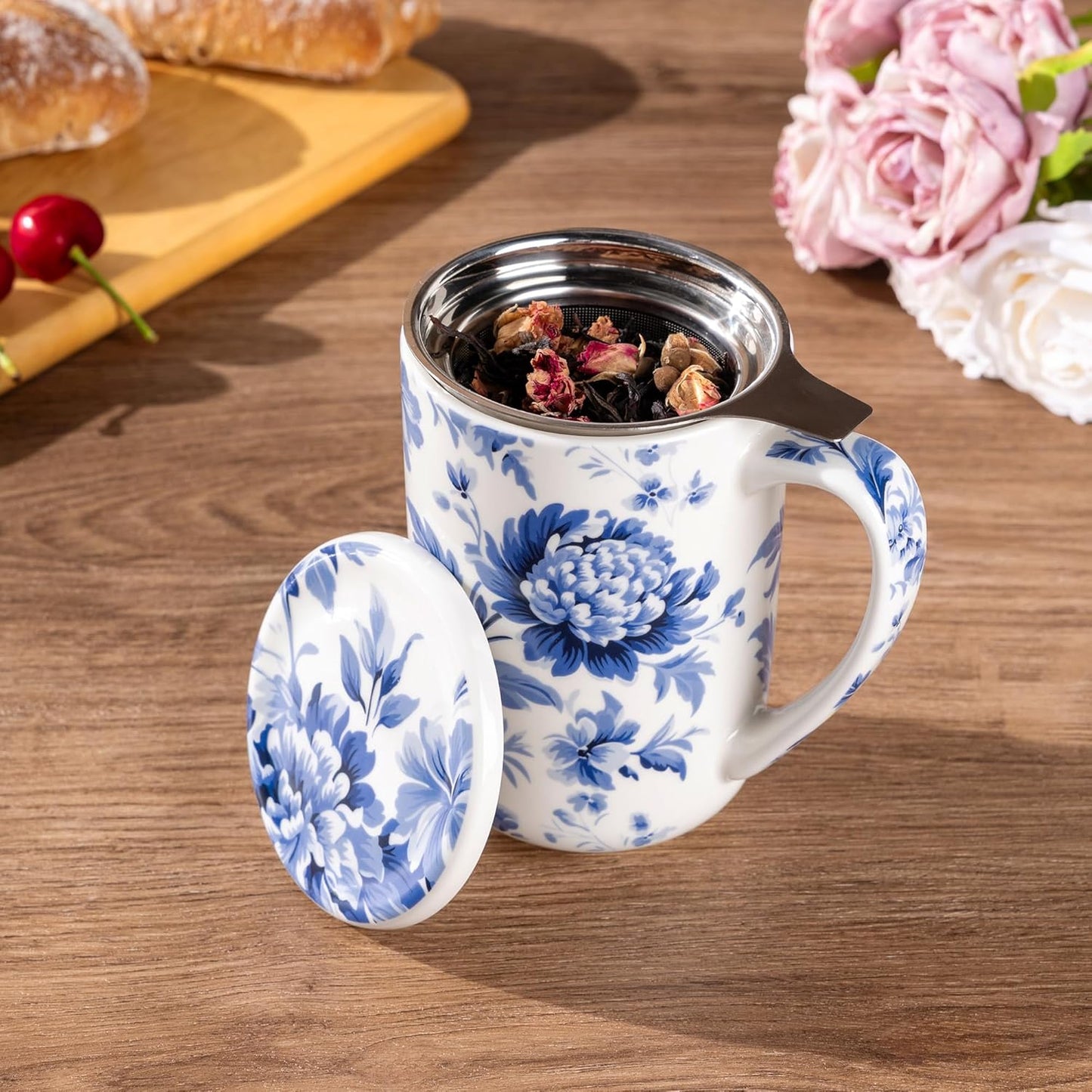 AmorArc Tea Cup With Infuser and Lid, 18oz Loose Leaf Tea Mug With Steeper | Porcelain Tea Mug With Infuser and Lid, Large Strainer Tea Cup with Lid for Tea, Coffee Mug for House-warming Birthday Gift