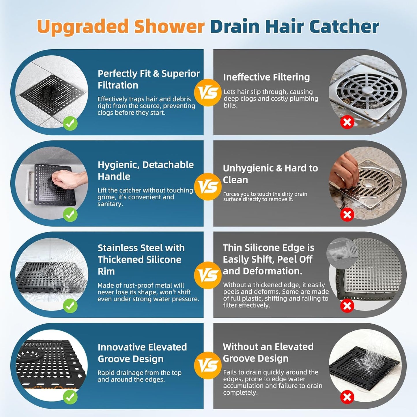 Hibbent Upgraded Shower Drain Hair Catcher for Bathroom Floor 4" Drain, Anti-Clogging Shower Drain Cover, Stainless Steel & Silicone Drain Strainer with Handle, Shower Drain Protector, Grey