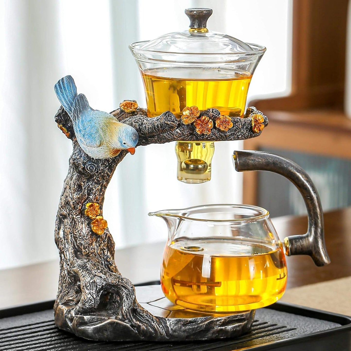 Glass Kungfu Teapot Set Tea maker with Infuser Semi Automatic Tea Set with 6 Small Cups (Red)