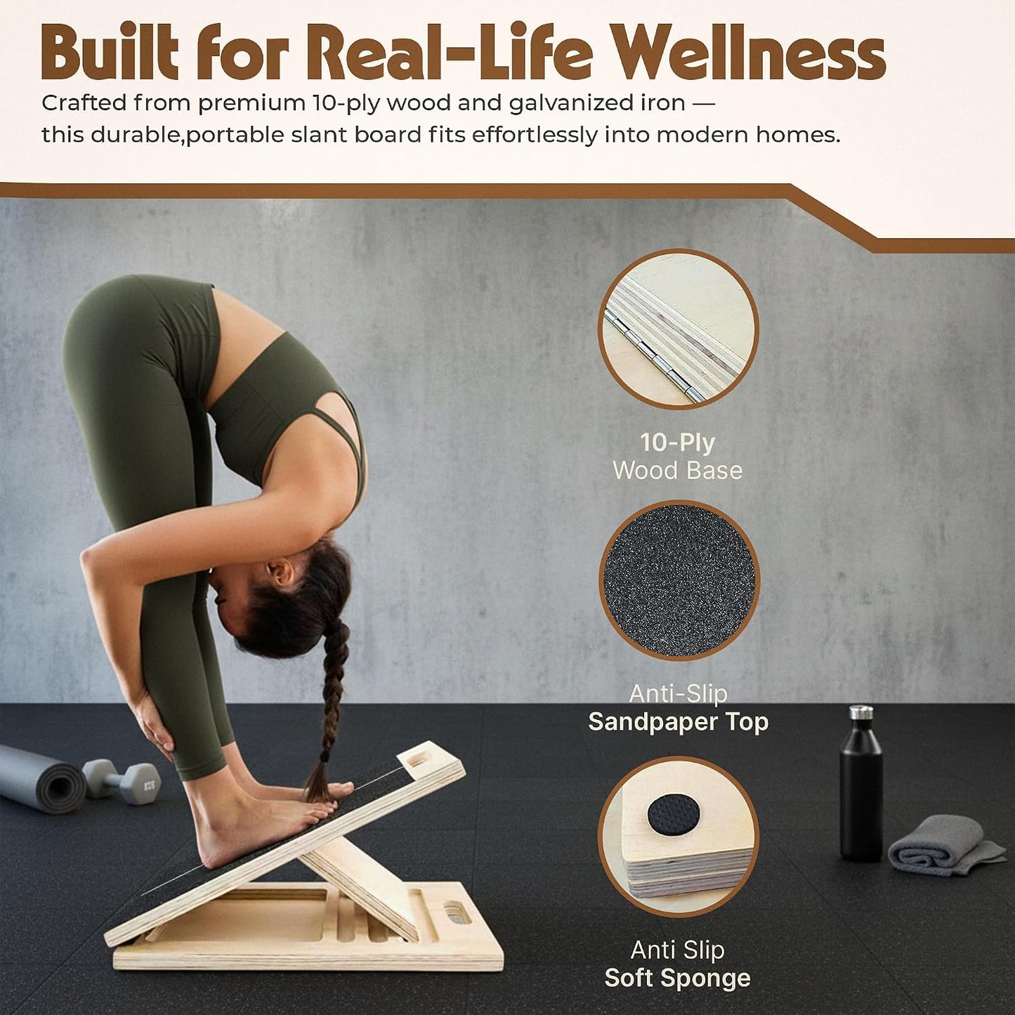 Wooden Slant Board for Calf Stretching, Adjustable Calf Stretcher Incline Wedge for Squats, Foot Ankle Heel Leg Stretch, Physical Therapy Balance Board, Portable with Carry Bag & Loop Band