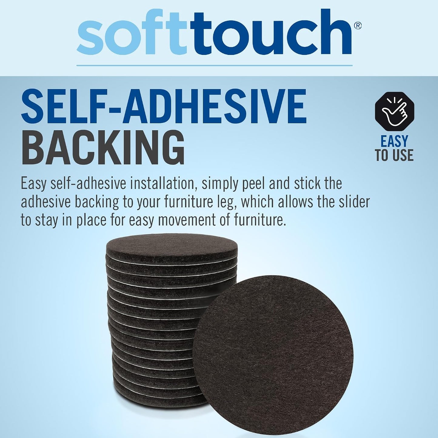 SoftTouch Assorted Size Round Mini Self-Stick Furniture Slider Felt Pads for Hard Surfaces, Noise-Reducing Adhesive Furniture Moving Pads for Beds, Sofas, Dressers, 46-Count, Brown