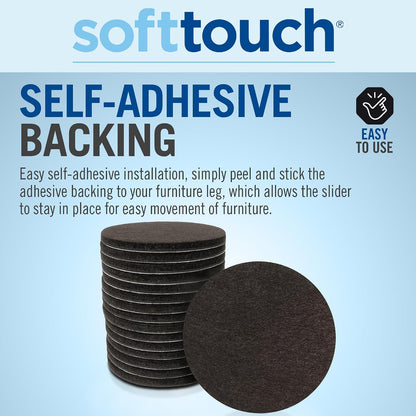 SoftTouch Assorted Size Round Mini Self-Stick Furniture Slider Felt Pads for Hard Surfaces, Noise-Reducing Adhesive Furniture Moving Pads for Beds, Sofas, Dressers, 46-Count, Brown