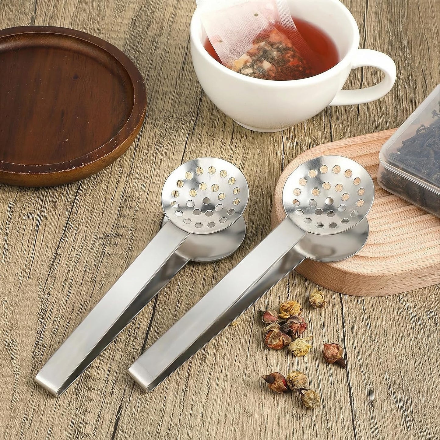 2 Pcs Tea Tongs, Tea Bag Squeezer, Teabag Filter, Dispenser Accessories for Teas Drinkers, Stainless Steel Round Strainer Gripper Picker