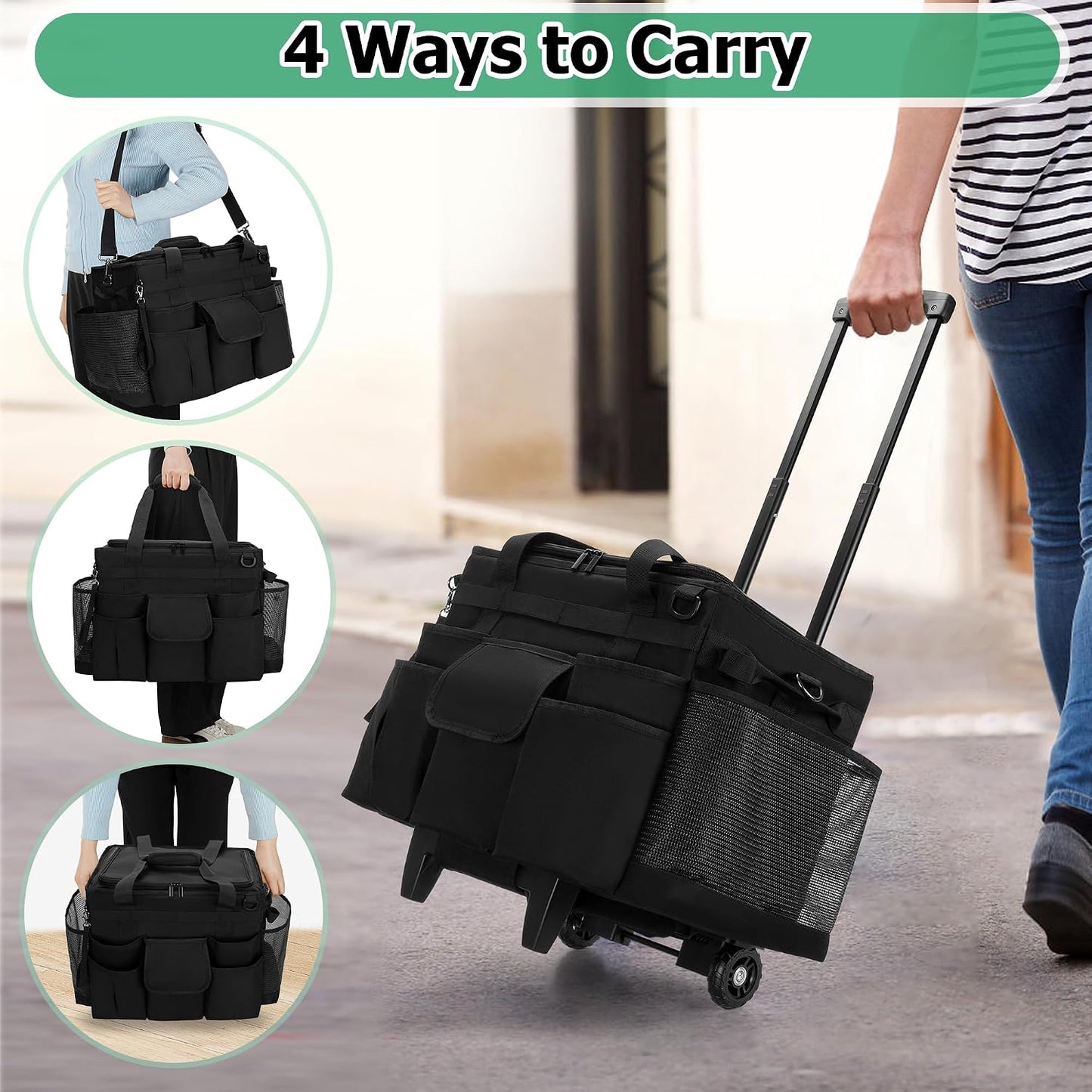 LoDrid Rolling Cleaning Caddy with Lid and Detachable Trolley, Black | Cleaning Supplies Organizer, Cleaning Caddy Cart on Wheels with Handle and Shoulder Strap for Housekeepers