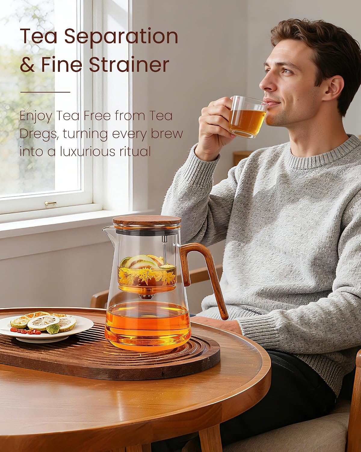 ZENS Magnetic Glass Infuser Teapot for Loose Tea, 27oz Walnut Wood Handle | Magic Teapot with Infuser, Echanted Tea Maker, Mess-Free Loose Leaf Tea Diffusers for Tea lover Gifts
