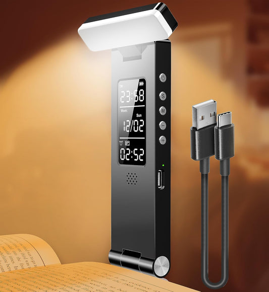 Book Lights, Rechargeable Reading Light in Bed, Smart Adjustable Reading Lights, Portable Bookmark Night Lamp, Built-in Battery & LCD Display, with Timer, Clock, Alarm, Date