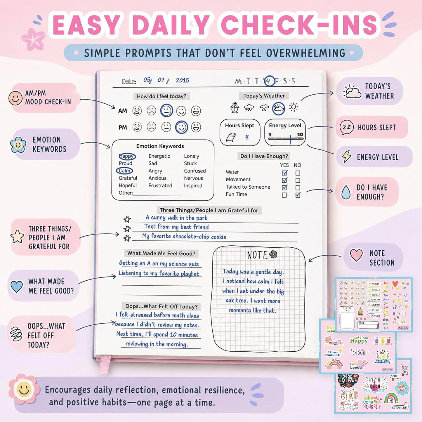 Mood Tracker Journal Set |126-Day Self Care & Emotional Wellness Journal Kit for Teen Girls & Tweens |Daily Mood Check-in, Coloring Charts, Stickers & Mindfulness Cards | Self Care Gift Set(Pink)