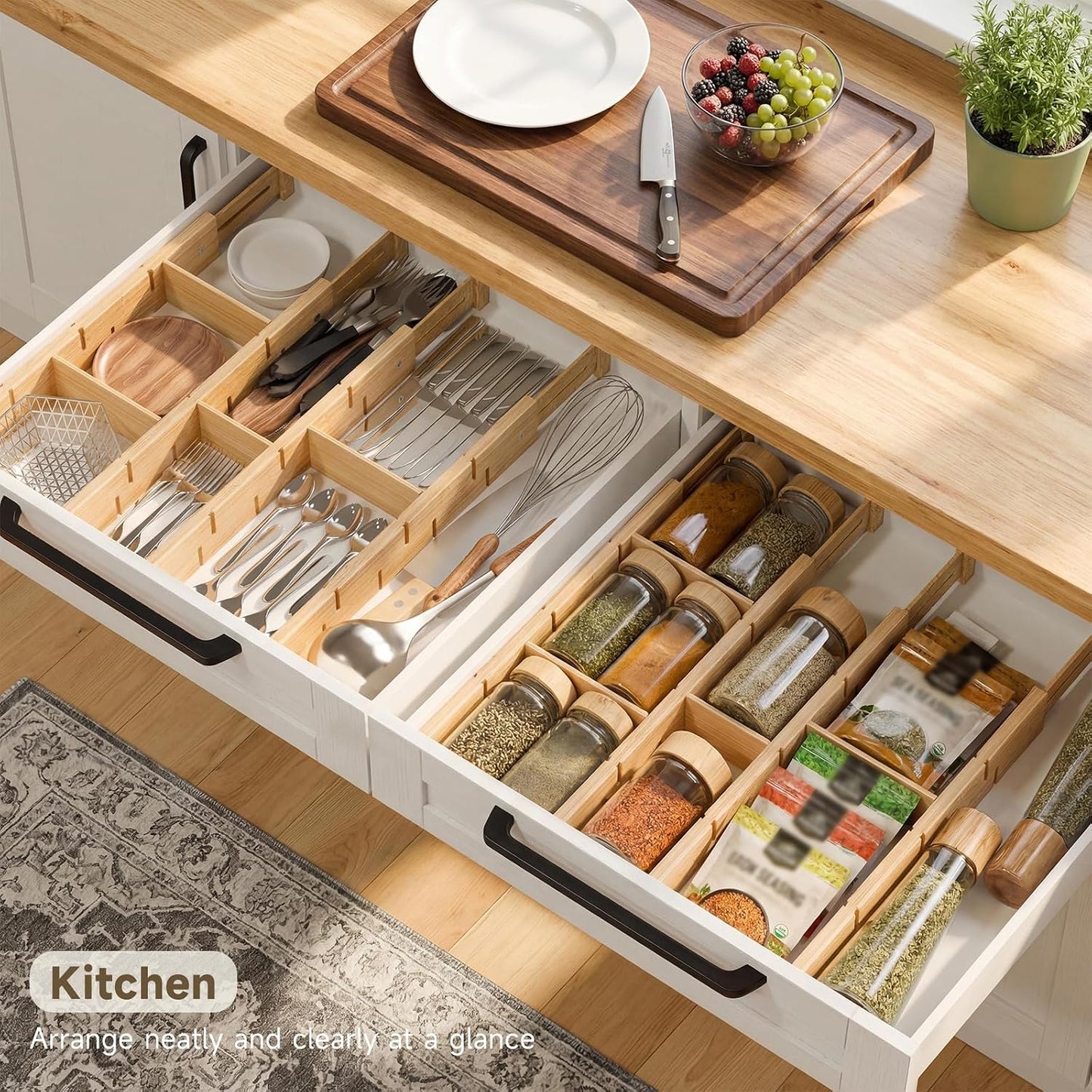 Bamboo Drawer Dividers, Expandable Kitchen Drawer Organizer | Include 6 Dividers, 6 Small Inserts and 6 Medium Inserts for Home, Office, Dressers