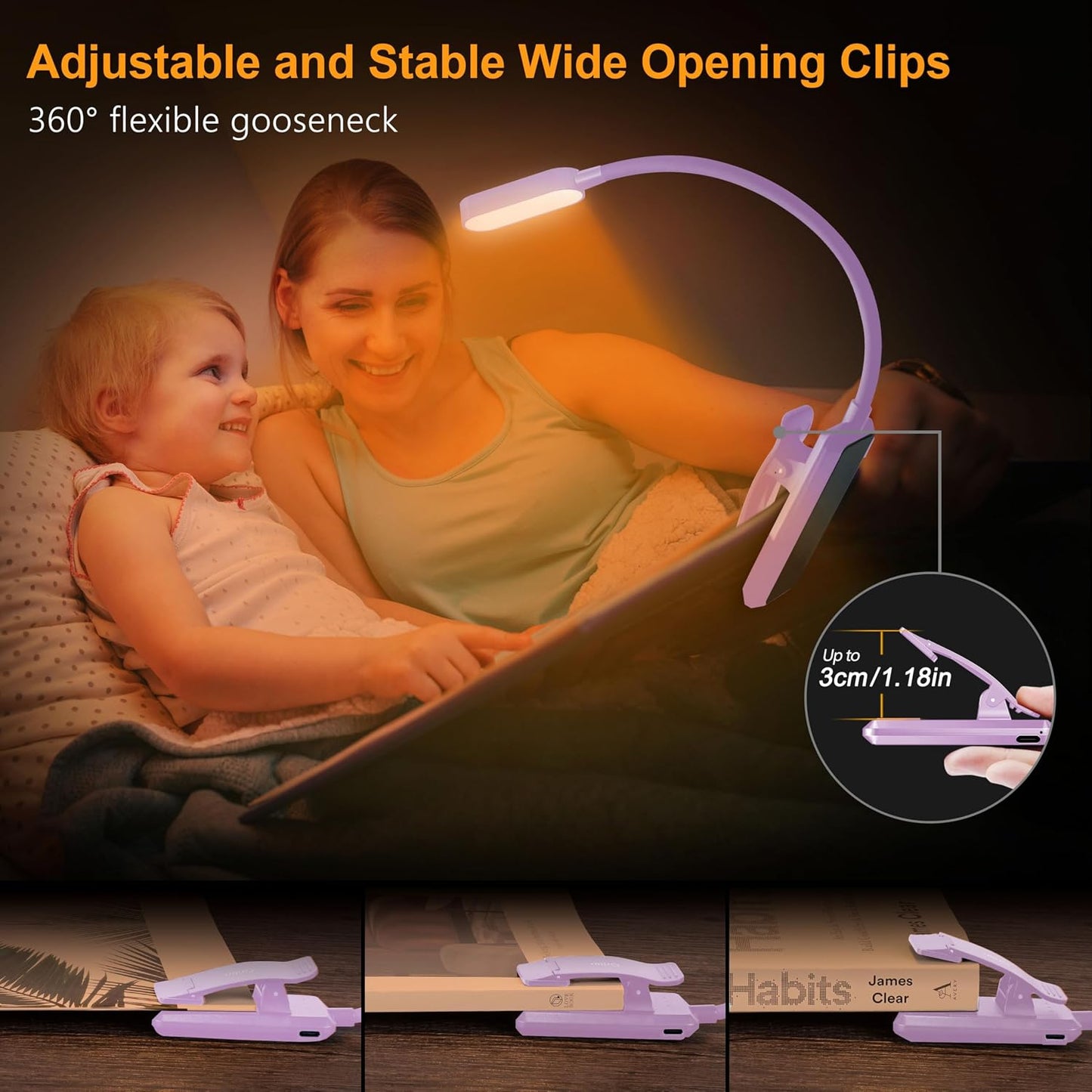Gritin 16 LED Rechargeable Book Light for Reading in Bed | Eye Caring 3 Color Temperatures,Stepless Dimming Brightness,80 Hrs Runtime,Lightweight Flexible Clip on Light for Book Lovers