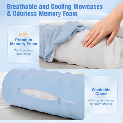 Cervical Neck Pillow for Pain Relief, 2-in-1 Memory Foam Pillow with Removable Cervical Roll, Orthopedic Neck Support Contour Bed Pillows with Ice Silk Pillowcase for Side Back Stomach Sleepers