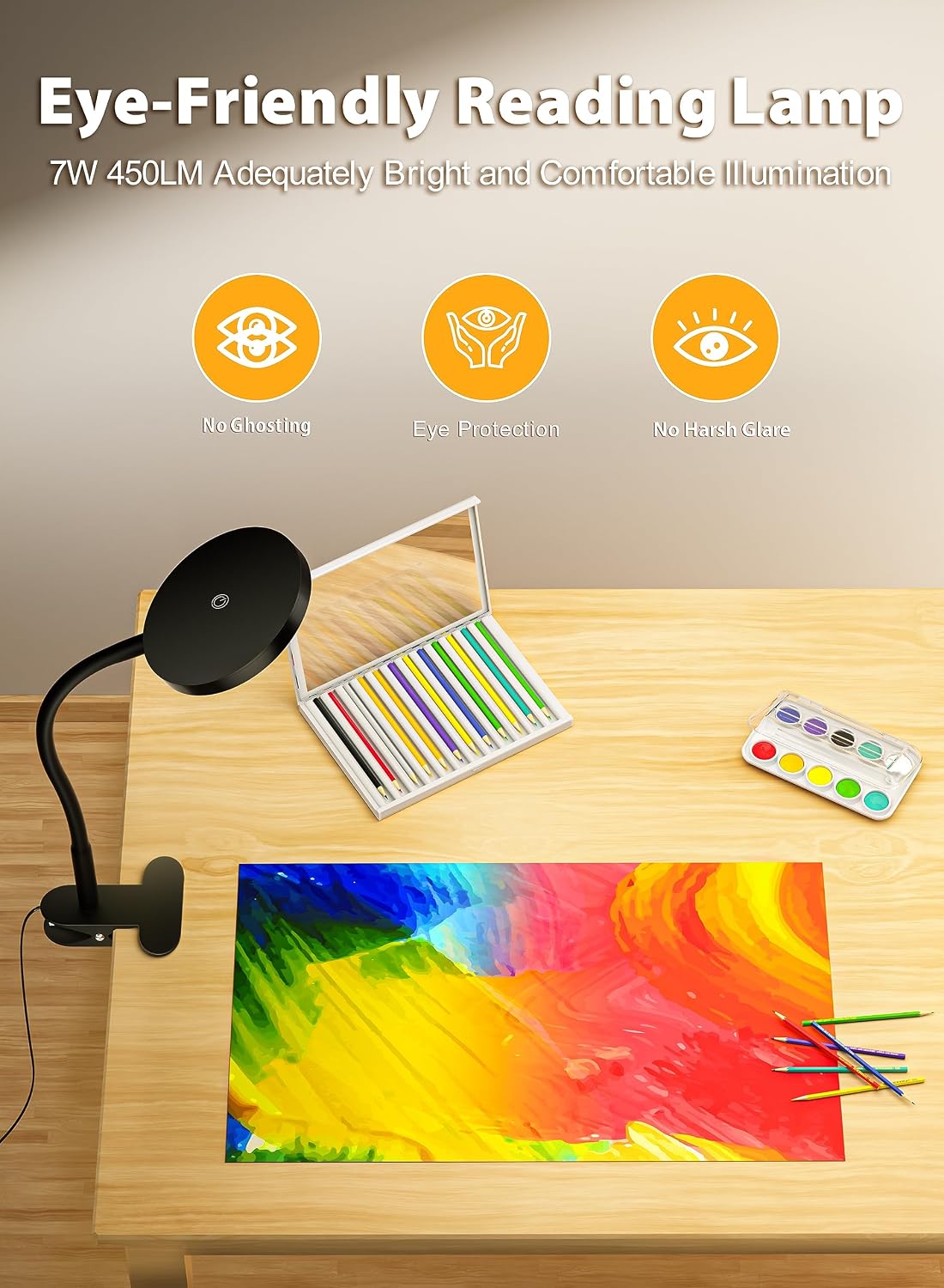 White Clip On Reading Light, 450LM Book Light, CRI95, 3 Modes Stepless Dim | CRI95 eye-caring LED provides natural lighting for reading, studying, and bedside use with adjustable brightness and modes