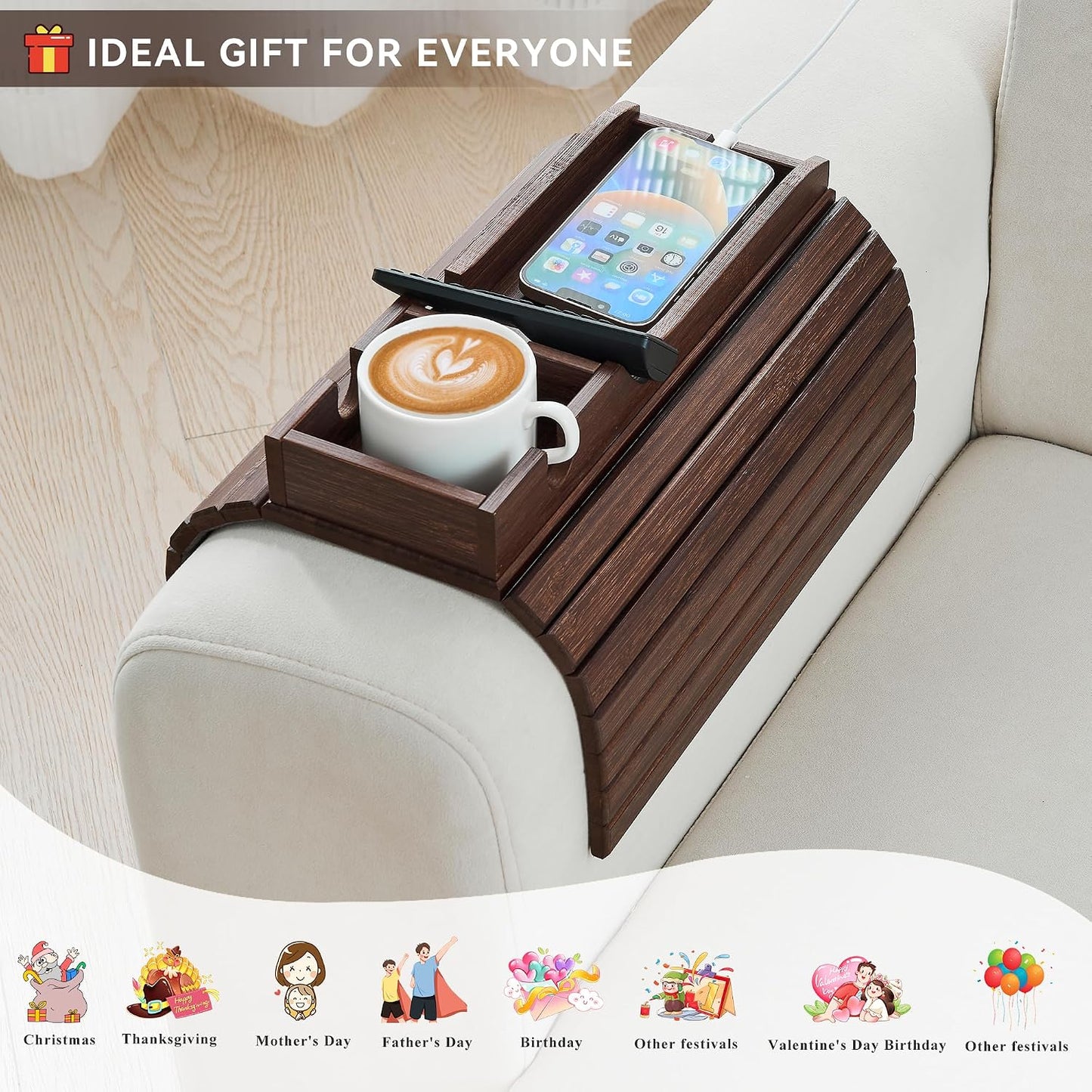 GEHE Bamboo Couch Cup Holder, Anti-Spill Sofa Arm Tray, Natural and Easy to Clean Couch Arm Cup Holder Armrest Tray Perfect for Cups, Beers, Snacks, Remote Control, Drinks