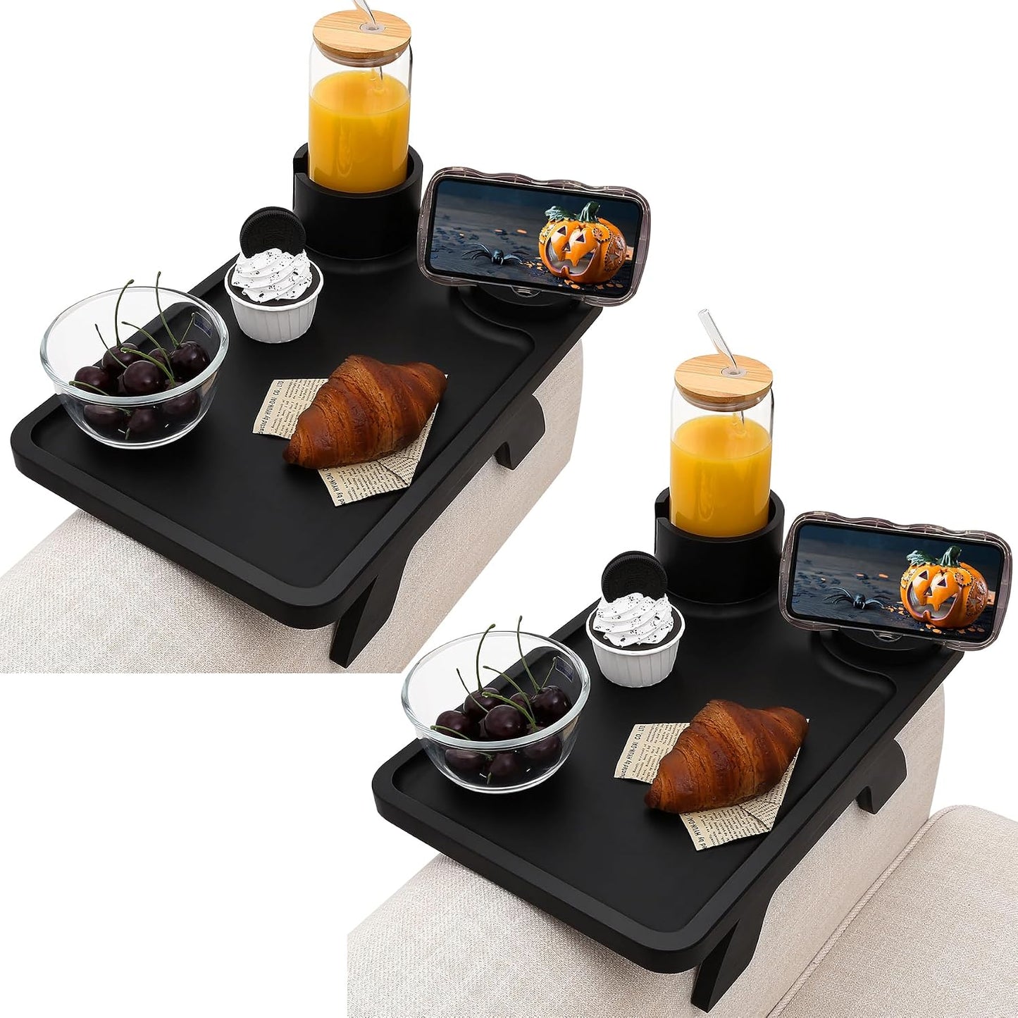 Nnewvante Couch Cup Holder Tray, 3 in 1 Large 15.36"x9.85" Acacia Wood Sofa Arm Clip on Tray Table with 360°Rotated Phone Holder on Armrest