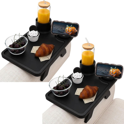 Nnewvante Couch Cup Holder Tray, 3 in 1 Large 15.36"x9.85" Acacia Wood Sofa Arm Clip on Tray Table with 360°Rotated Phone Holder on Armrest