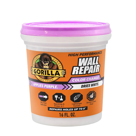 Gorilla High Performance Wall Repair, 16 oz Tub, Color Change Formula | Applies Purple, Dries White, Shrink & Crack Resistant, Spackling and Primer in One, Heavy-Duty Indoor and Outdoor Use