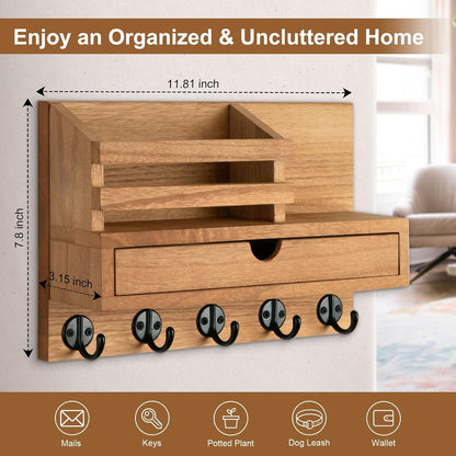 Key Holder Wall Mount, Mail Holder with Storage Drawer | Key and Mail Holder with 5 Key Hooks for Coat, Dog Leash, Home Decor Rack, House Accessories, Entry Way Organizer