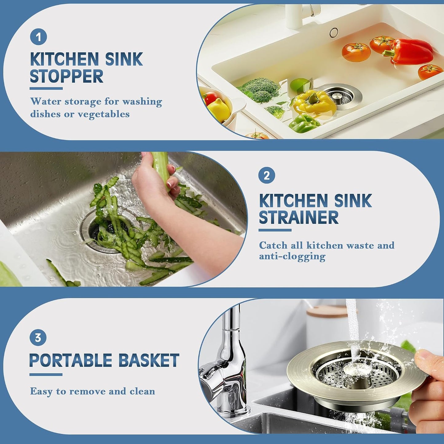 TGOSOMT Kitchen Sink Drain Strainer Stopper, Anti-Clog & Quick Drain | 3-IN-1 Design, Stainless Steel 304, Removable Strainer Basket, Corrosion & Scratch Resistant, Fits US Standard 3-1/2" Drain