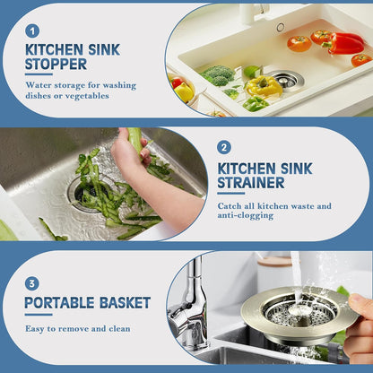 TGOSOMT Kitchen Sink Drain Strainer Stopper, Anti-Clog & Quick Drain | 3-IN-1 Design, Stainless Steel 304, Removable Strainer Basket, Corrosion & Scratch Resistant, Fits US Standard 3-1/2" Drain