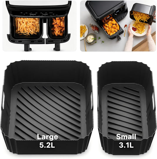 Szyeequoo Silicone Air Fryer Liners 2 Pack for Ninja Dual Zone, 1 Perforated and 1 Solid, Rectangle Reusable Liners for DZ201 DZ401 DZ550 DZ302, COSORI 9QT Instant Chefman Dual Basket Air Fryers