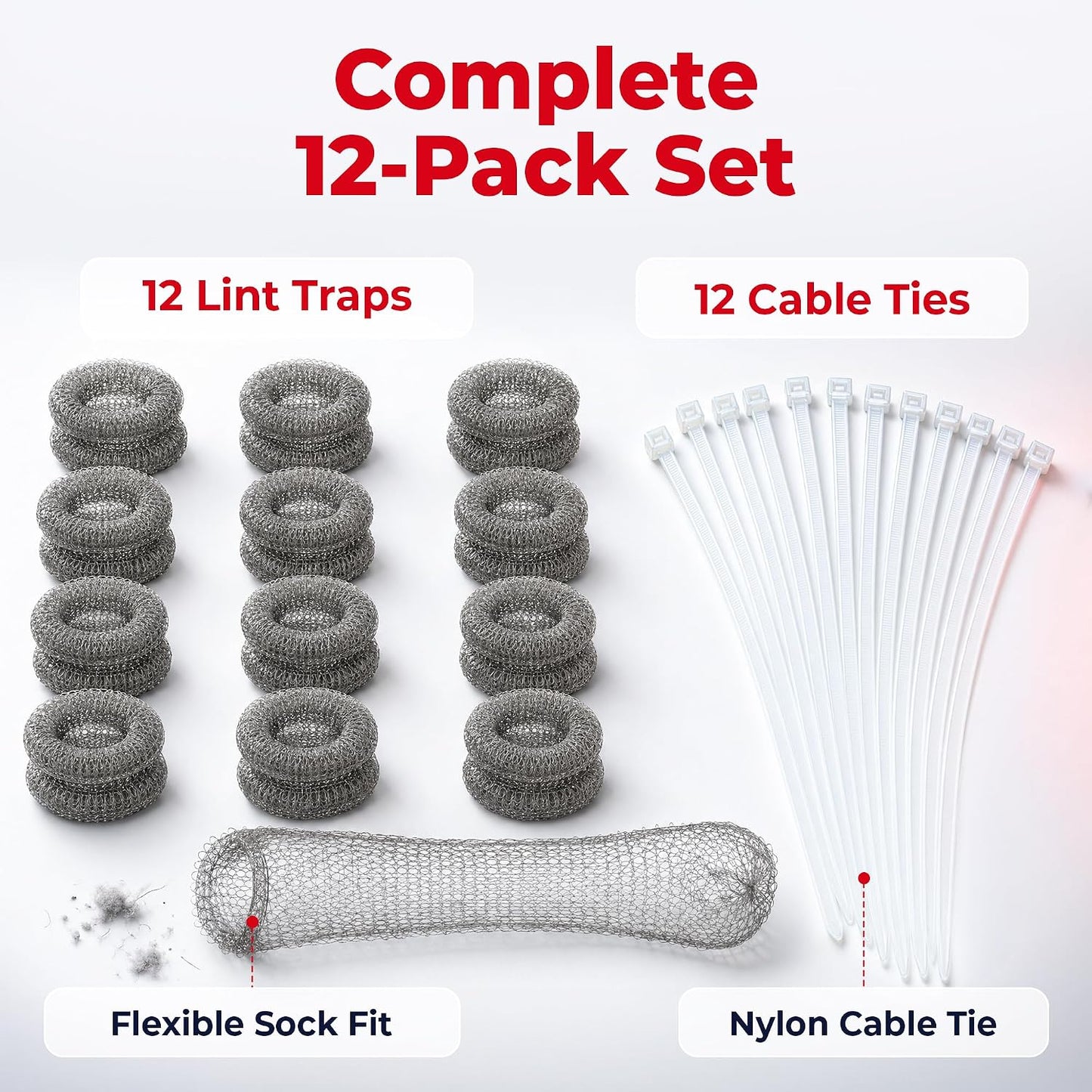 Washing Machine Lint Trap Stainless Steel 12-Pack | 29cmx6.5cm, Hose Filter, Mesh Drain Catcher, Washer Sock Remover, Rust-Free Snare Laundry Filter with Nylon Cable Ties