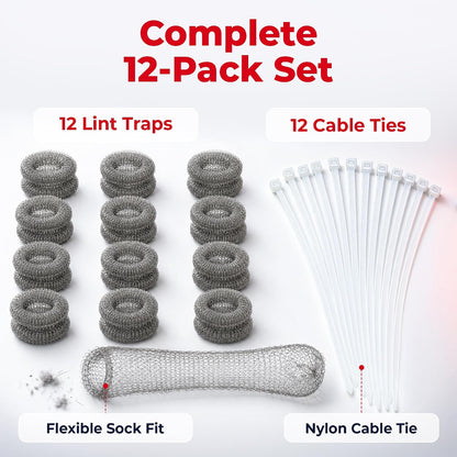 Washing Machine Lint Trap Stainless Steel 12-Pack | 29cmx6.5cm, Hose Filter, Mesh Drain Catcher, Washer Sock Remover, Rust-Free Snare Laundry Filter with Nylon Cable Ties