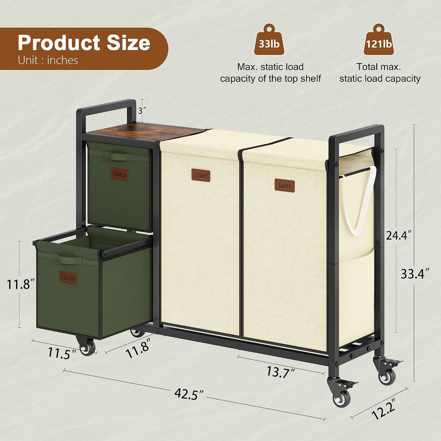 Hoctieon 4 Section Laundry Cart, 52.8 Gal. (200L) Laundry Hamper with Lid, Laundry Basket with Wheels, Rolling Laundry Sorter Organizer with Shelf, Clothes Separator with Removable Bags, Black