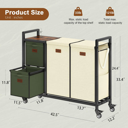 Hoctieon 4 Section Laundry Cart, 52.8 Gal. (200L) Laundry Hamper with Lid, Laundry Basket with Wheels, Rolling Laundry Sorter Organizer with Shelf, Clothes Separator with Removable Bags, Black