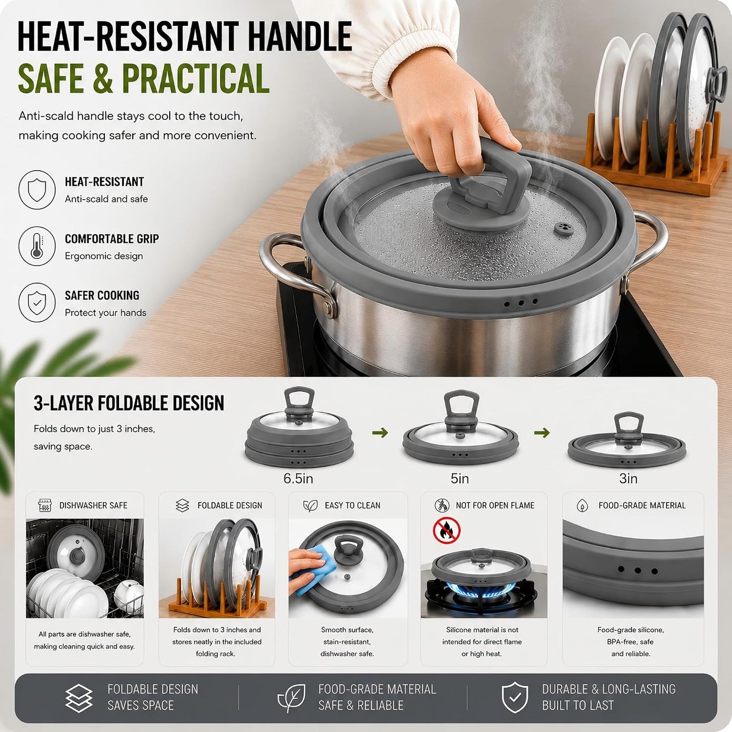 Collapsible Microwave Splatter Cover, Vented Glass Silicone Lid with Heat resistant Handle, Fit Plates Bowls Pots, Safe for Microwave Convection Oven Steamer Dishwasher（grey 11.8in）