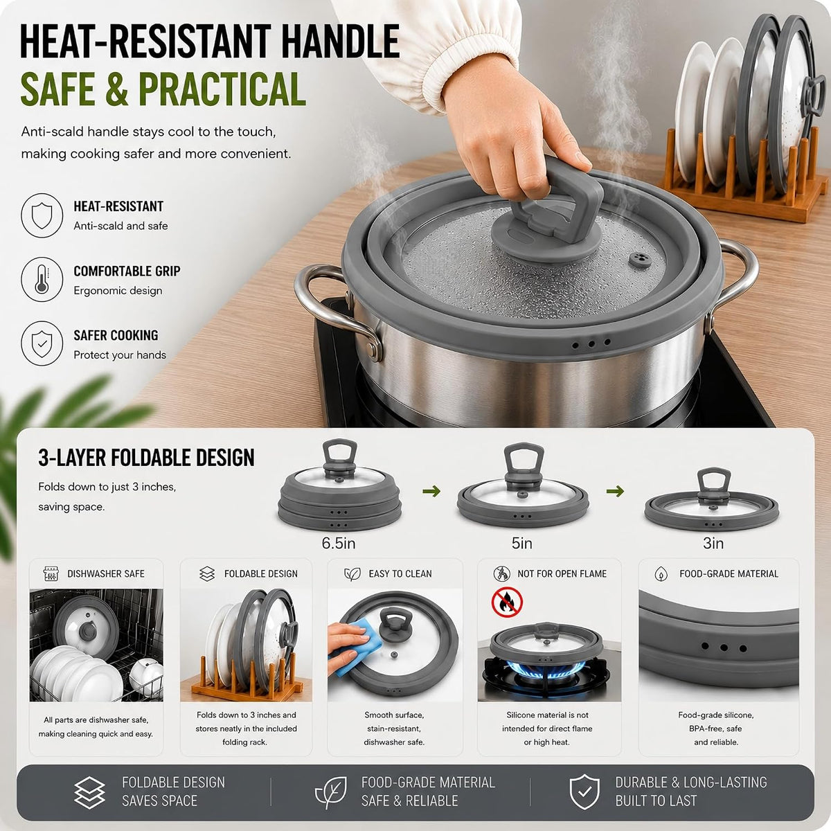 Collapsible Microwave Splatter Cover 11.8 Inch - Oversized Glass Silicone Microwave Cover for Food, Vented Plate Lid with Heat Resistant Handle, Dishwasher Safe (Grey)