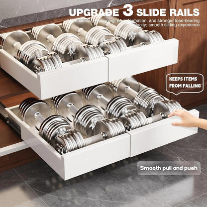 Seinloes Pull Out Cabinet Organizer,4-Side Expandable to Maximize Cabinet Space,Slide Out Drawers with 3 Rail Design,Roll Out Shelf with Raising Pad for Framed Cabinet,13"-21"W x 17"-24"D,White,2 Pack