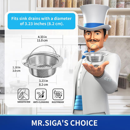 MR.SIGA Kitchen Sink Strainer, Stainless Steel Sink Drain Strainer, 2 Pack | Dishwasher safe sink strainer, outer diameter 4.33 inch/11 cm, inner diameter 3.23 inch/8.2cm