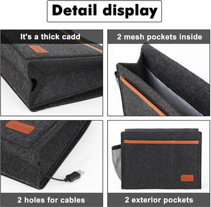 Bedside Caddy, Felt Bed Storage Organizer Hanging Bag Holder with 5 Pockets, Magazine Book Phone Tablet iPad Cables Remote and Water Bottle Holder for Home Dorm Bed Sofa, Light Gray