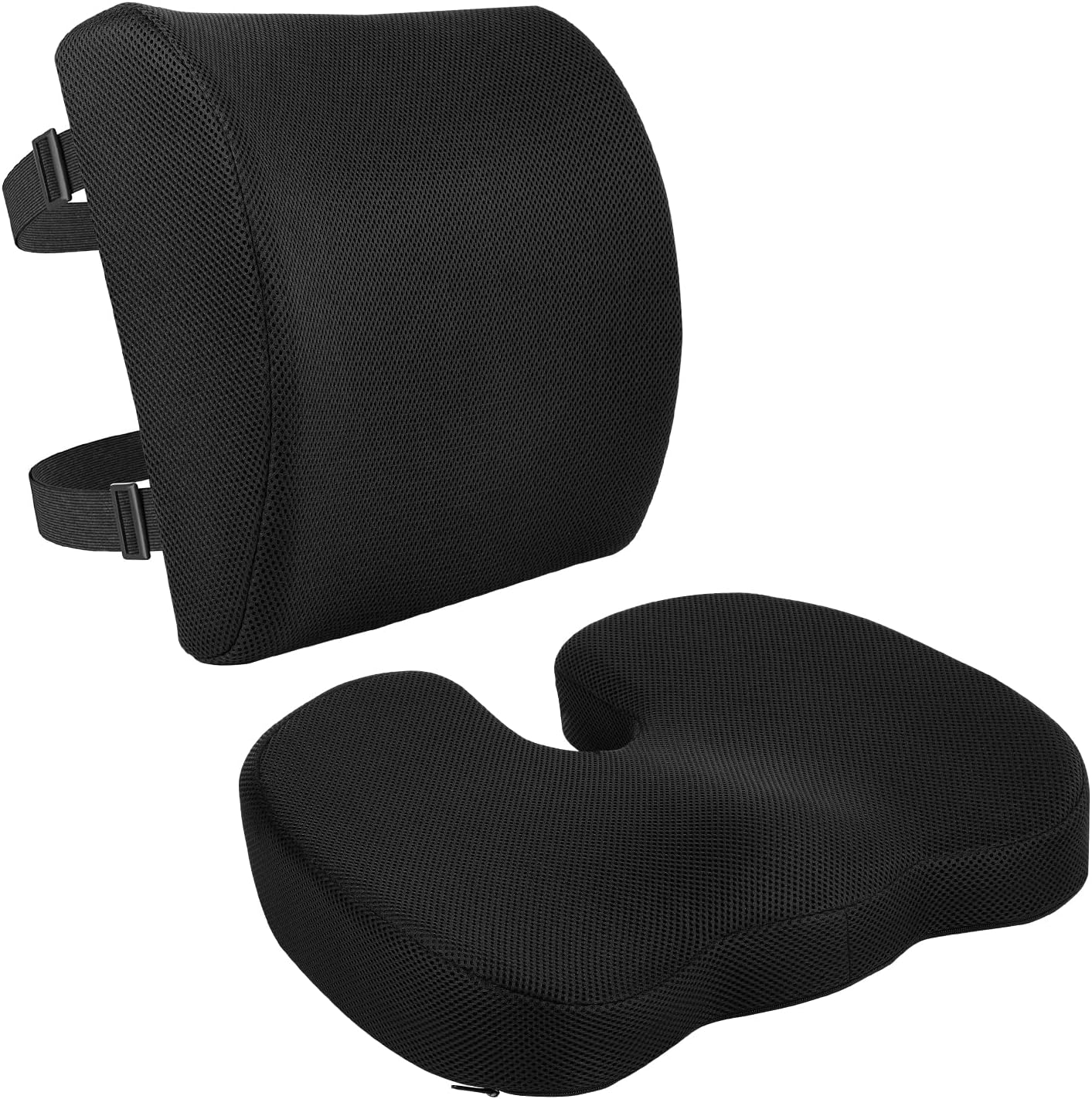 Amazon Basics Comfortable Seat Cushion & Lumbar Support for Office Chairs, Gel Enhanced Memory Foam, Non-Slip, Cooling, Portable, Pack of 2, Rectangular, Black