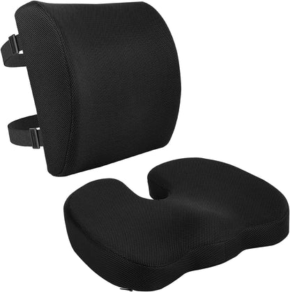 Amazon Basics Comfortable Seat Cushion & Lumbar Support for Office Chairs, Gel Enhanced Memory Foam, Non-Slip, Cooling, Portable, Pack of 2, Rectangular, Black