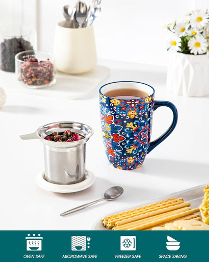 vancasso Ceramic Tea Mug with Infuser and Lid, 18 Ounce Bohemian Loose Leaf Cup, Microwave & Dishwasher Safe, Perfect for Tea, Coffee, Burnt-Cobalt Mandala