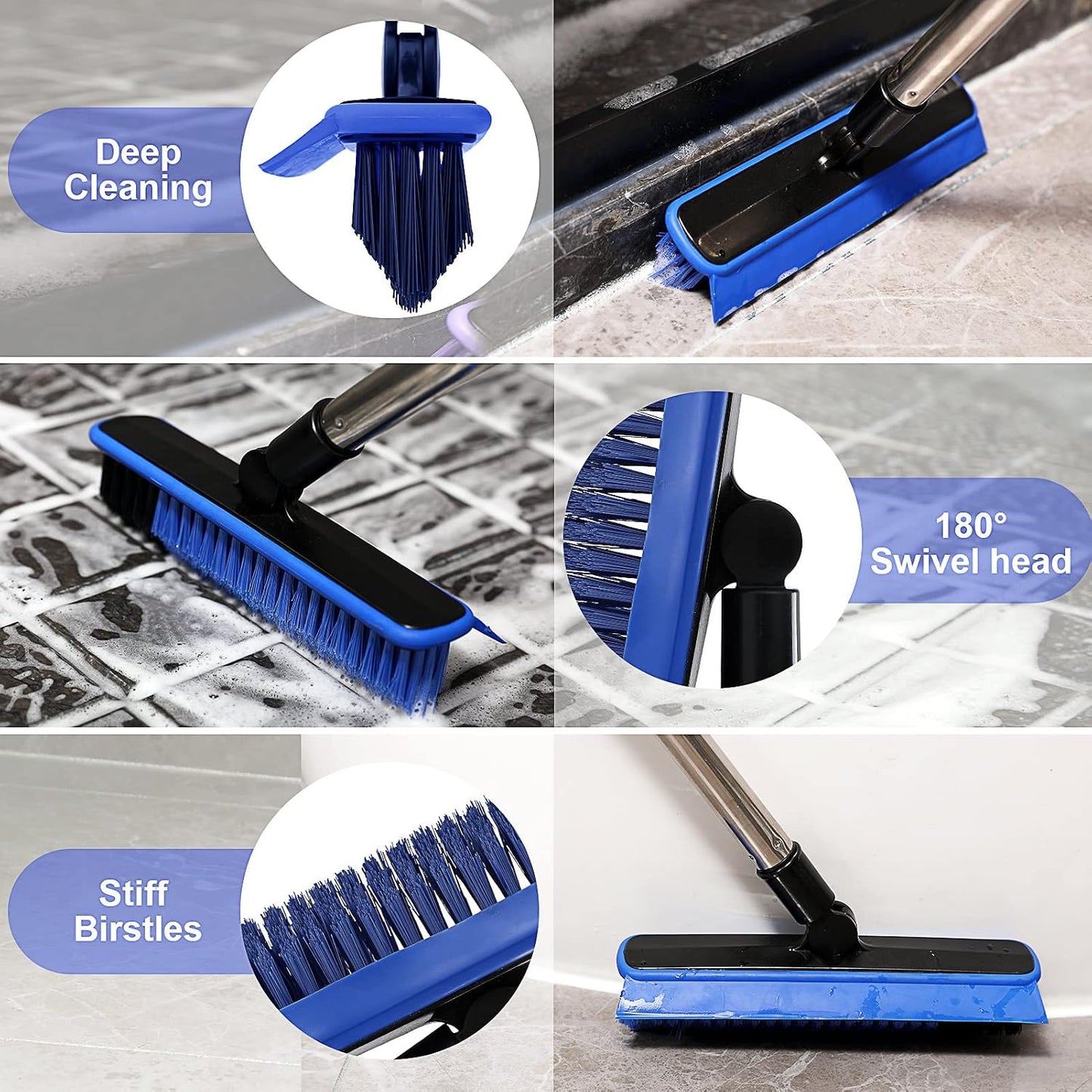 Grout Cleaner Brush with Long Handle, V-Shaped Floor Scrub Brush Swivel Grout Brush Stiff Bristle Floor Grout Scrubber for Bathroom, Tile Line, Crevice, Kitchen, Wall, Deck, Garage (Green)