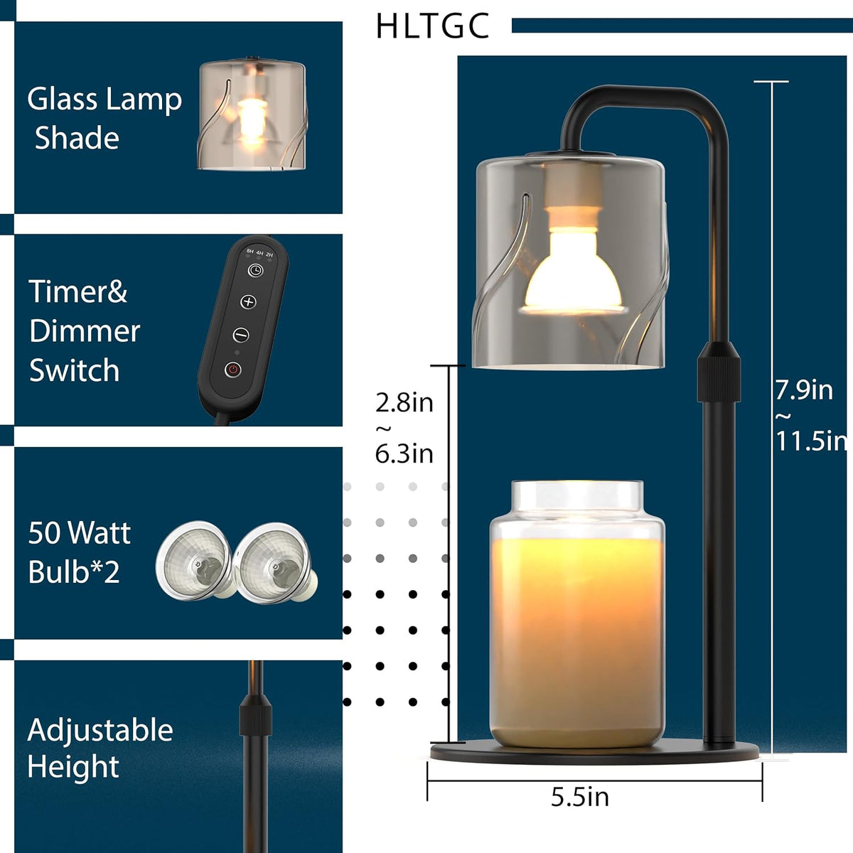 Candle Warmer Lamp with Timer Dimmer, with 2 Bulbs,Adjustable Height,Mothers Day Gifts for Mom,Birthday Gifts for Women,for Yankee Jars,for Room Home Decor (Black)