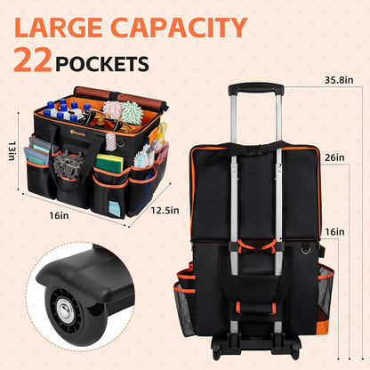 WILAXI PRO Large Rolling Cleaning Caddy with Wheels and Detachable Trolley, Extra Large Water-Resistant Cleaning Cart for Housekeepers, Cleaning Supplies Organizer with Multi-Pockets Tools Storage
