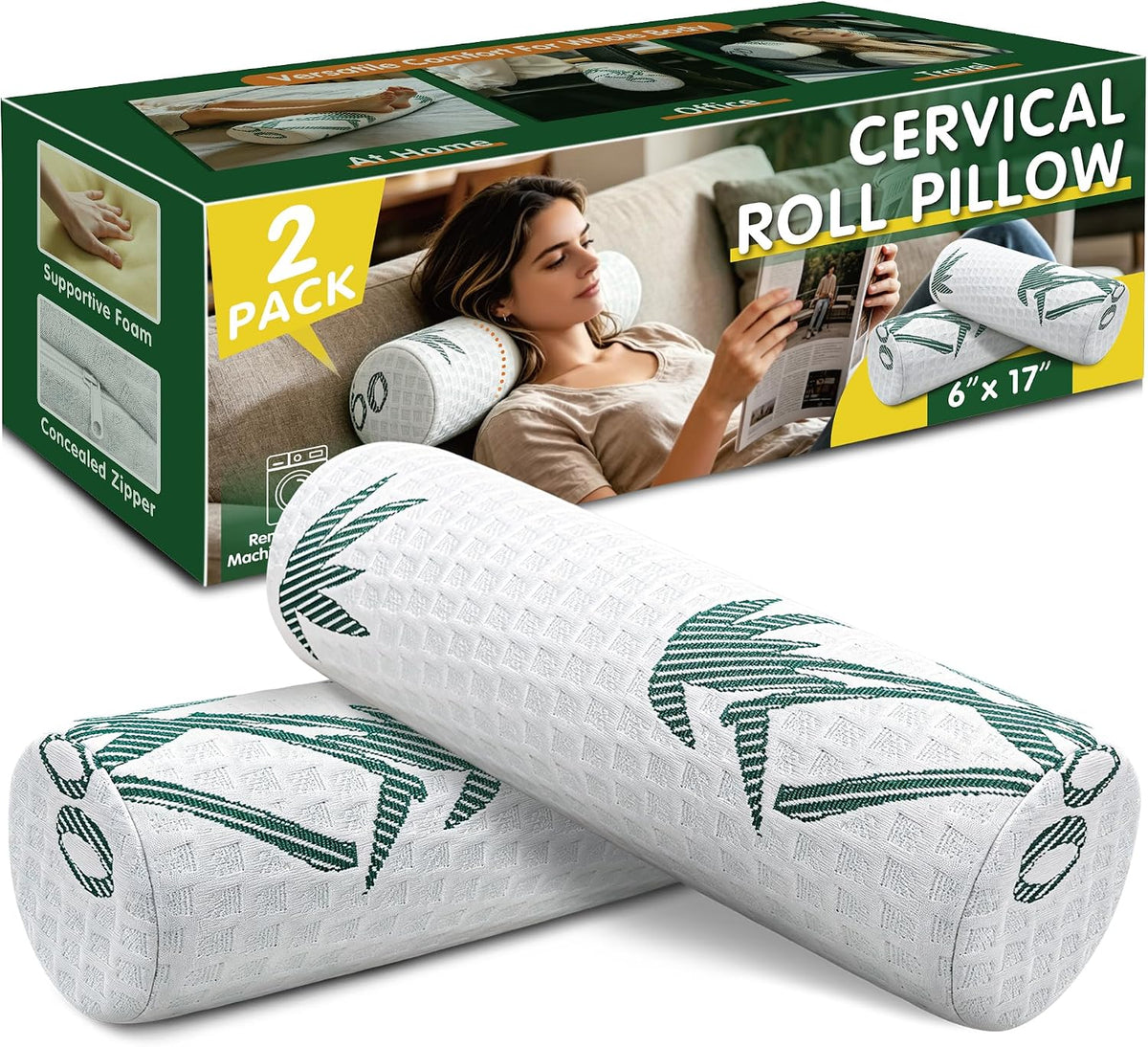 Asatdd Neck Roll Pillow, 2 Pack Foam Cervical Roll Pillow with Breathable Cover for Office Chair, Recliner Rest, and Home and Travel Use, 4" x 17"