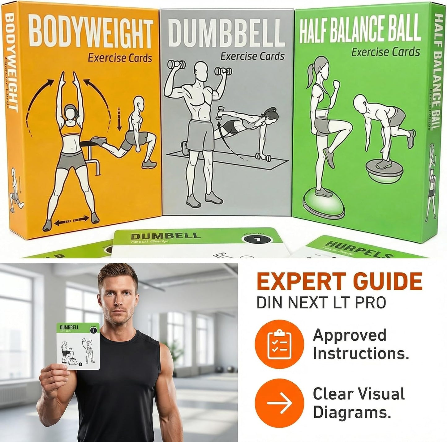 Bodyweight & Dumbbell Workout Cards - 100 Large 5"x3.5" Exercise Cards with 24 Strength Moves, Home & Gym Fitness Cards for Men & Women, Beginner Fitness Guide